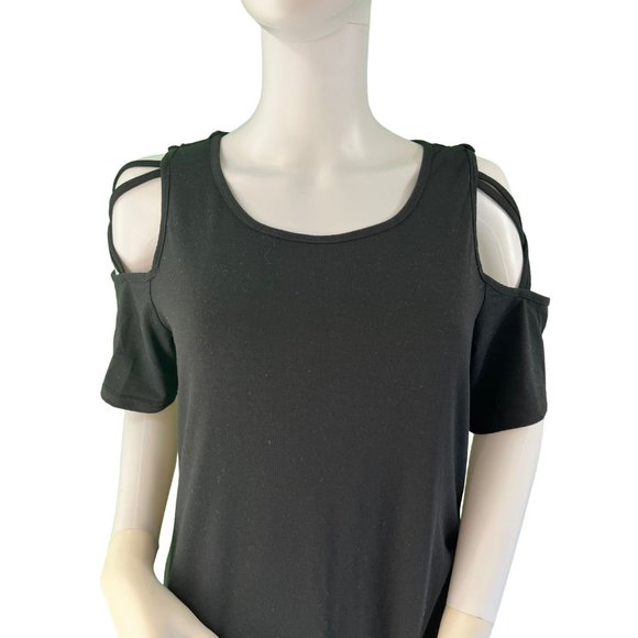 Women's Black Open Shoulder Dress, Knee Length, Hidden Pockets, XL - Picture 10 of 11